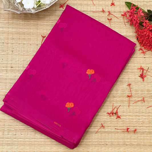 Magenta Silk Organza Jamdani Saree with Floral Weave & Intricate Border
