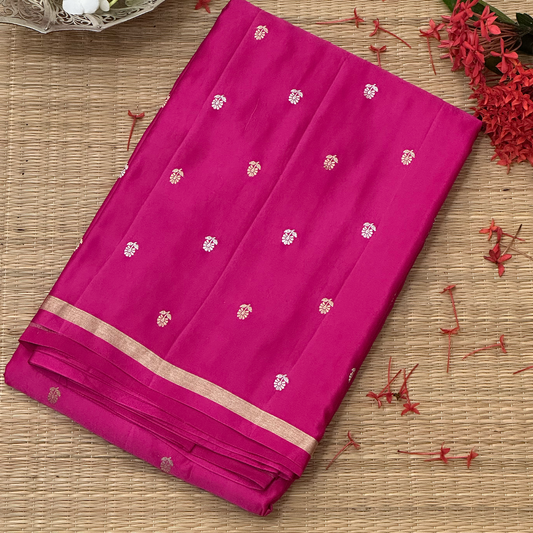 Bright Magenta Pure Zari Mushru Silk Saree with Elegant Floral Weave
