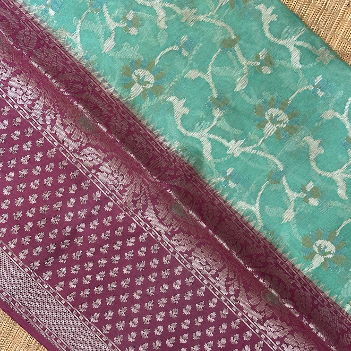 Electric Blue Kora Banarasi Saree with Floral Zari Weave and Blouse