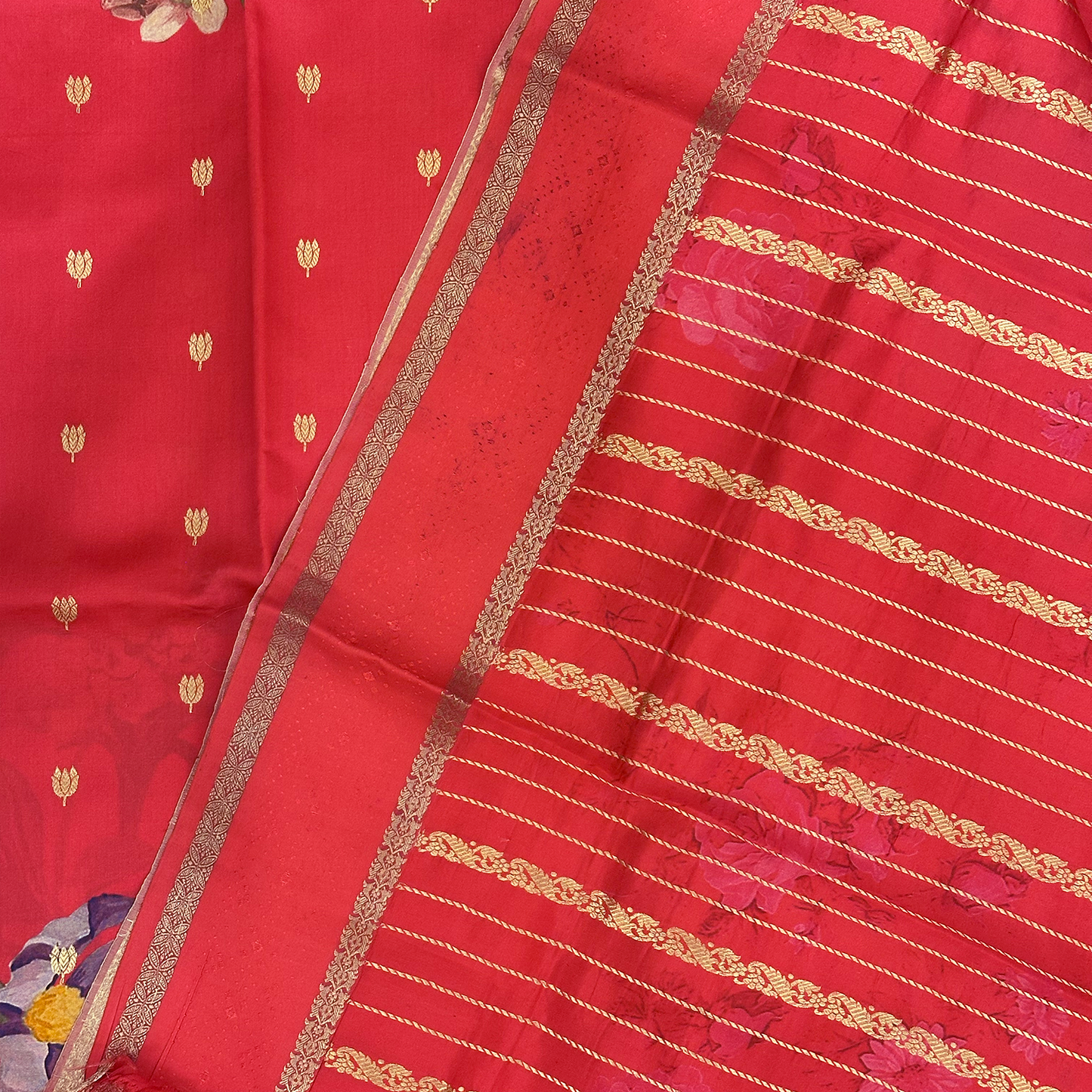 Crimson Pink Digital Printed Banarasi Pure Silk Saree with Floral Design
