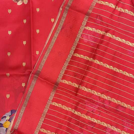 Crimson Pink Digital Printed Banarasi Pure Silk Saree with Floral Design