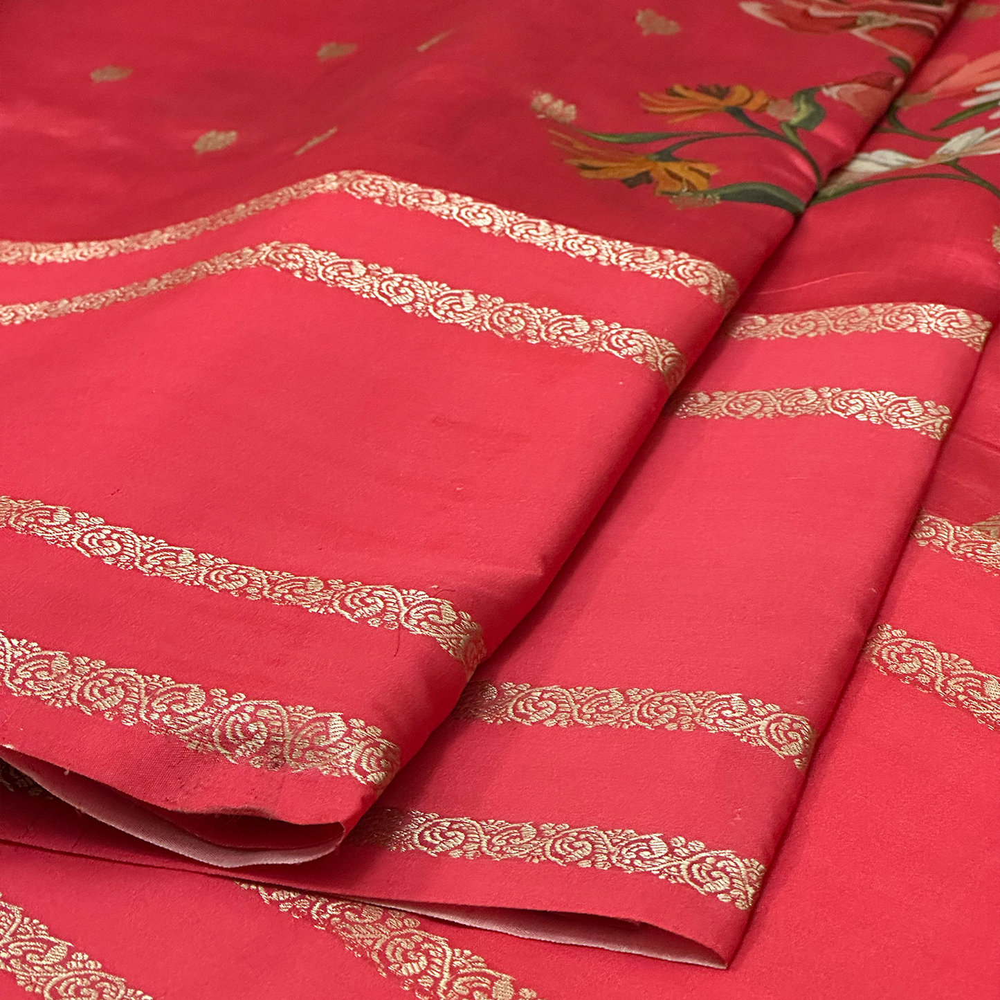 Crimson Pink Digital Printed Banarasi Pure Silk Saree with Floral Design