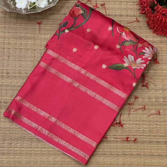 Crimson Pink Digital Printed Banarasi Pure Silk Saree with Floral Design