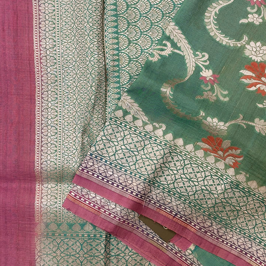 Turquoise Blue Tussar Banarasi Saree with Meenakari Floral Pure Zari Weave