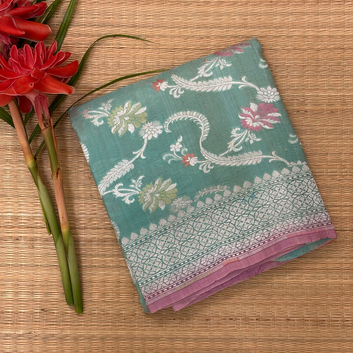 Turquoise Blue Tussar Banarasi Saree with Meenakari Floral Pure Zari Weave