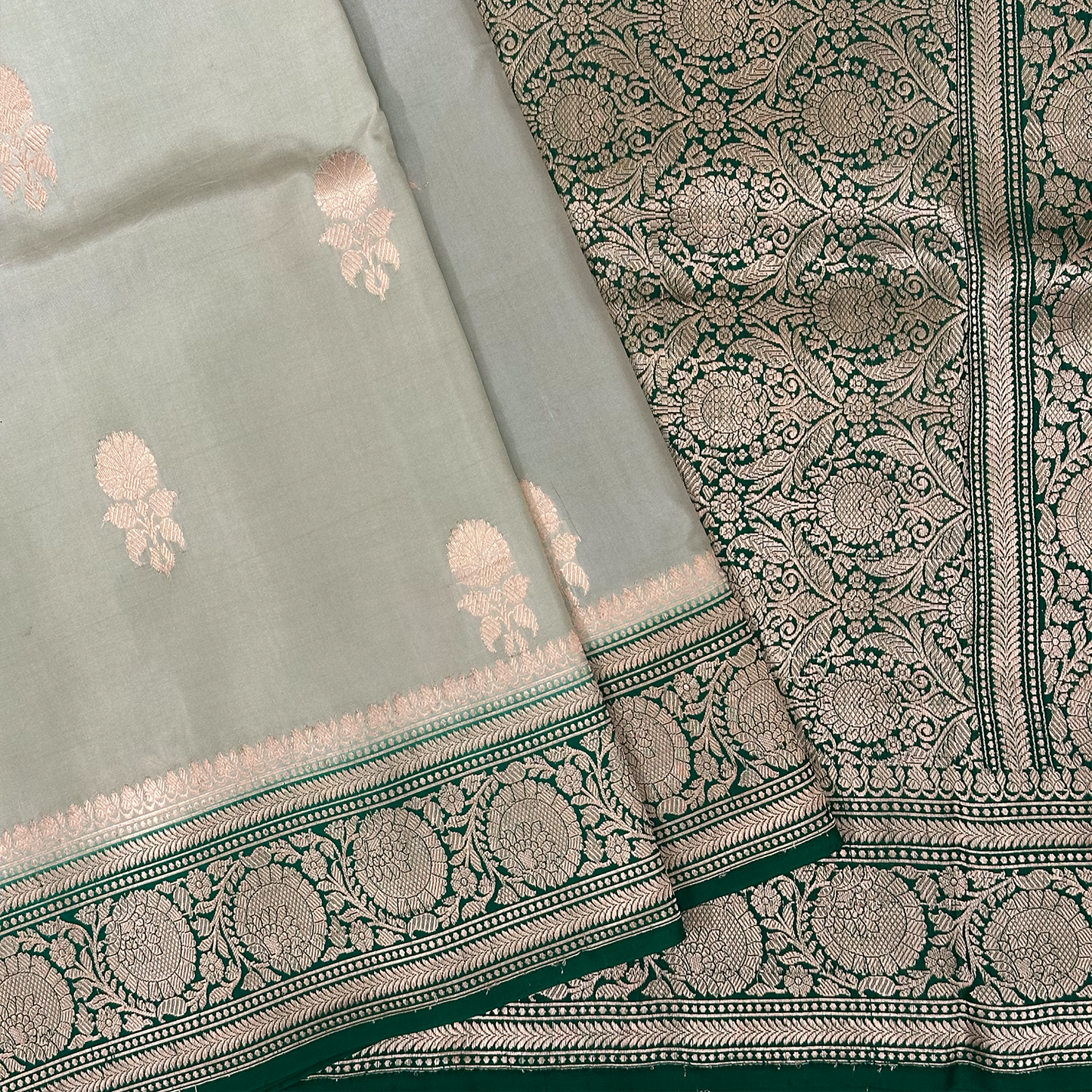 Pista Green Banarasi Pure Silk Saree with Golden Zari Border & Intricate Weave