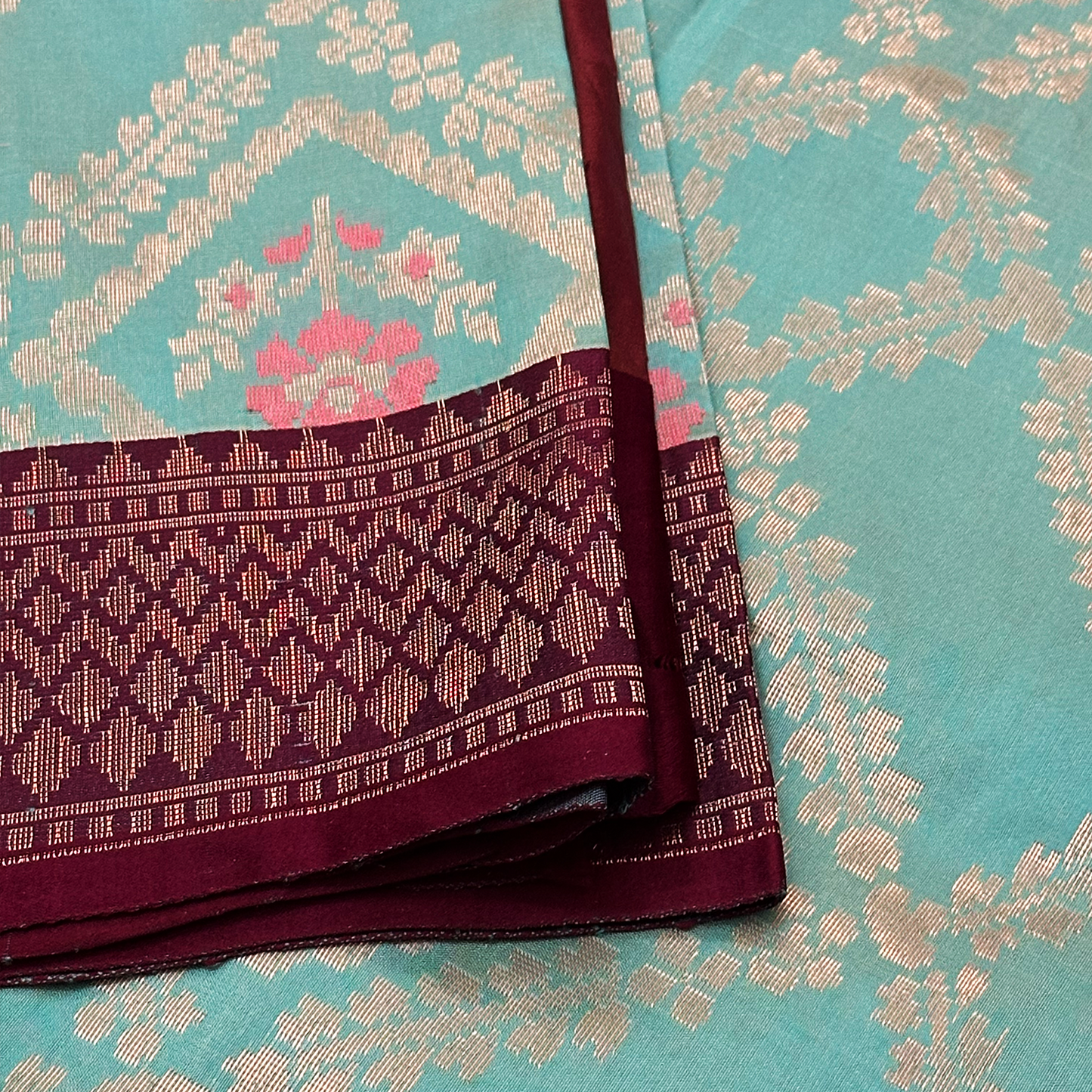 Turquoise Blue Silk Banarasi Saree with Geometric Zari Weave and Blouse