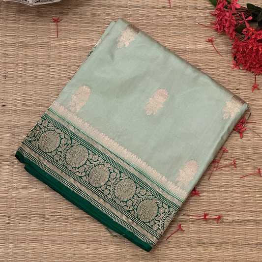 Pista Green Banarasi Pure Silk Saree with Golden Zari Border & Intricate Weave