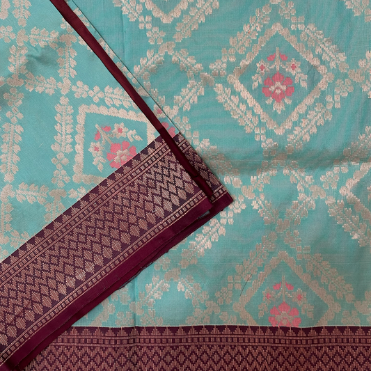 Turquoise Blue Silk Banarasi Saree with Geometric Zari Weave and Blouse