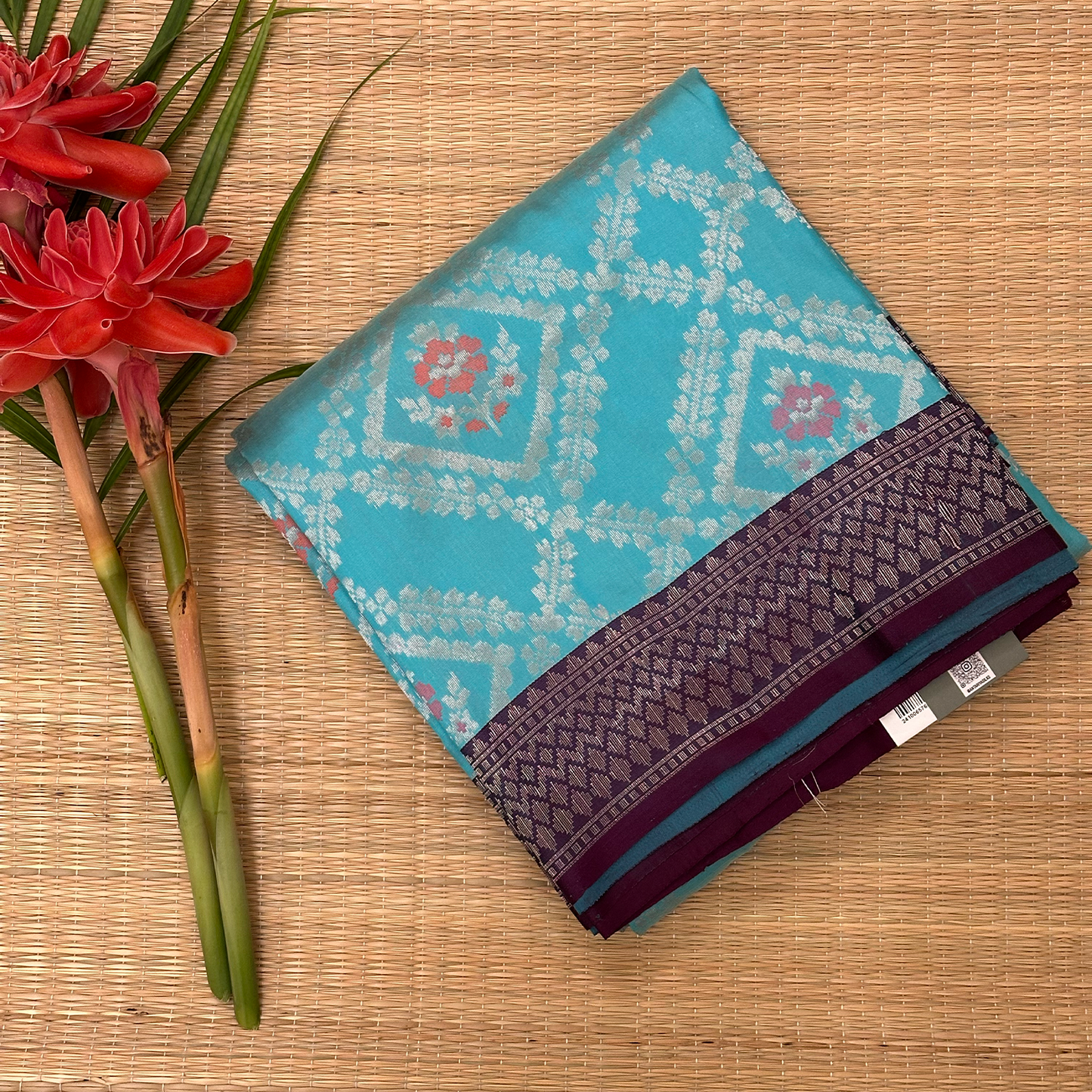 Turquoise Blue Silk Banarasi Saree with Geometric Zari Weave and Blouse