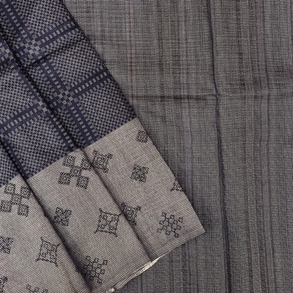 Black Linen Tussar Saree with an Embroidered Border - Image 4