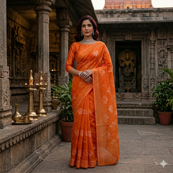 Orange Chanderi Silk Saree with Shibori Work