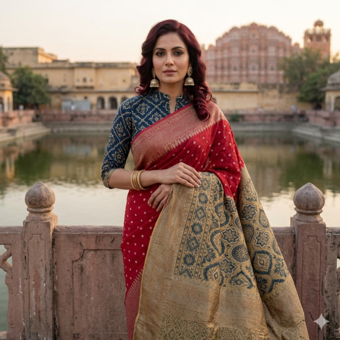 Red Chanderi Banarasi Saree with Antique Zari Weave