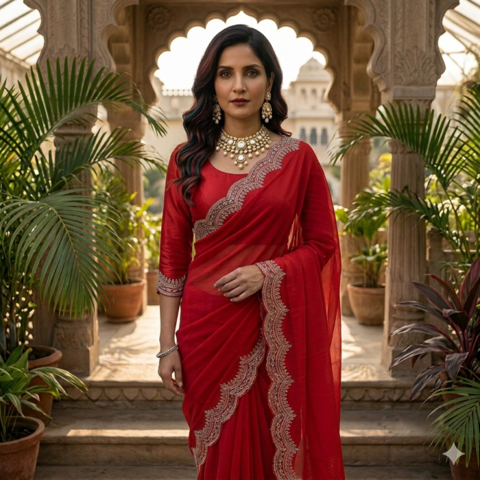 Chilli Red Modal Satin Saree with Zardosi Border