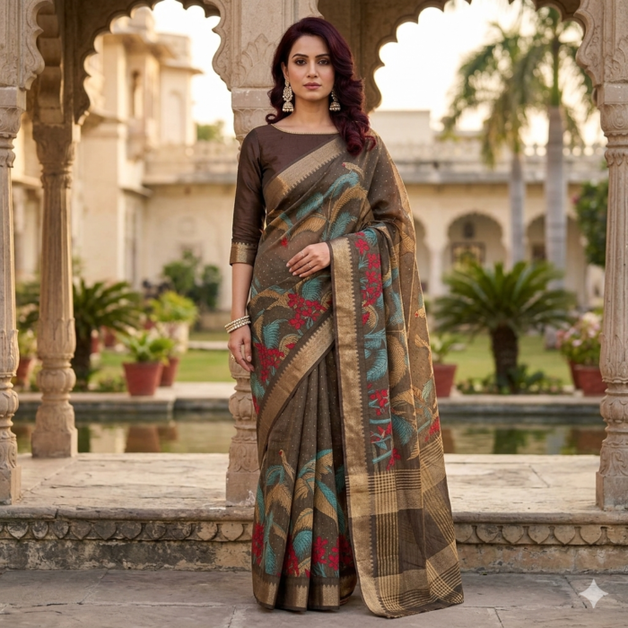 Earthy Green Linen Silk Saree with Digital Floral Print