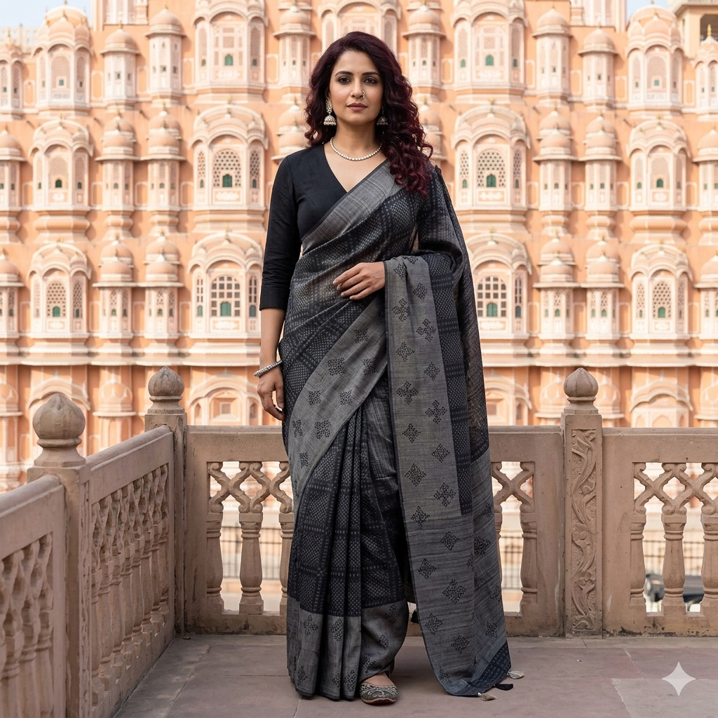 Black Linen Tussar Saree with an Embroidered Border