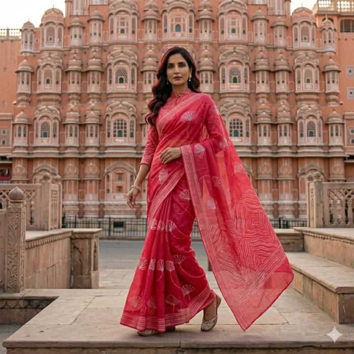 Rose Pink Chanderi Silk Saree with Floral Shibori Work