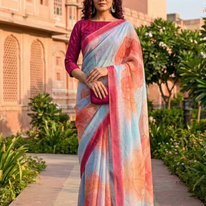 Sky Blue Organza Saree with Digital Print | Antariya