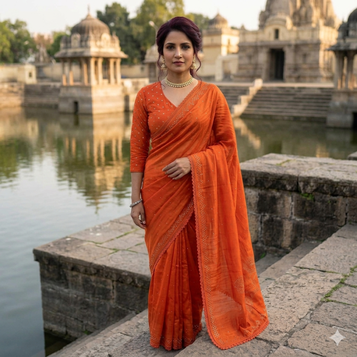 Orange Modal Satin Saree with Badla Work
