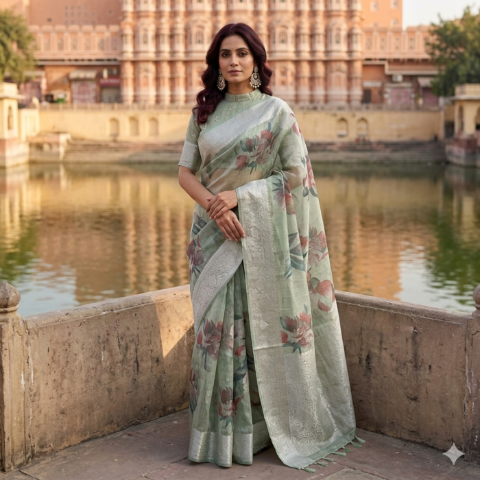 Green Floral Digital Printed Linen Silk Saree with Subtle Sheen